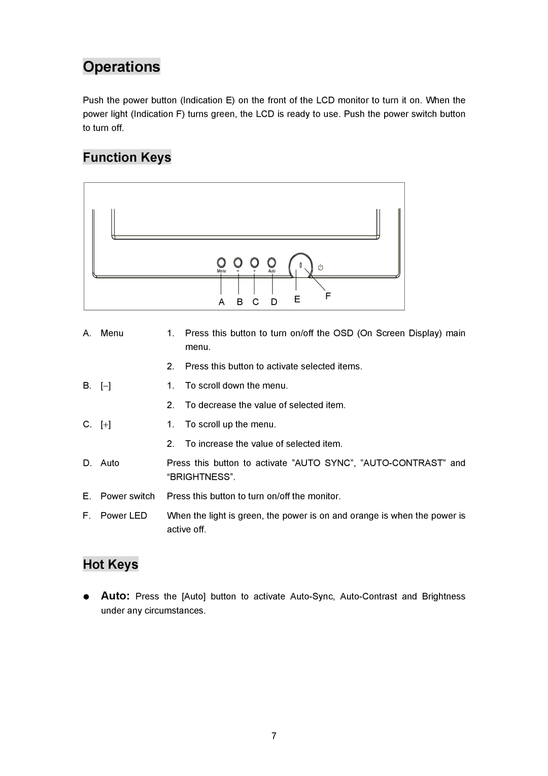 Planar PL170 manual Operations, Function Keys, Hot Keys 