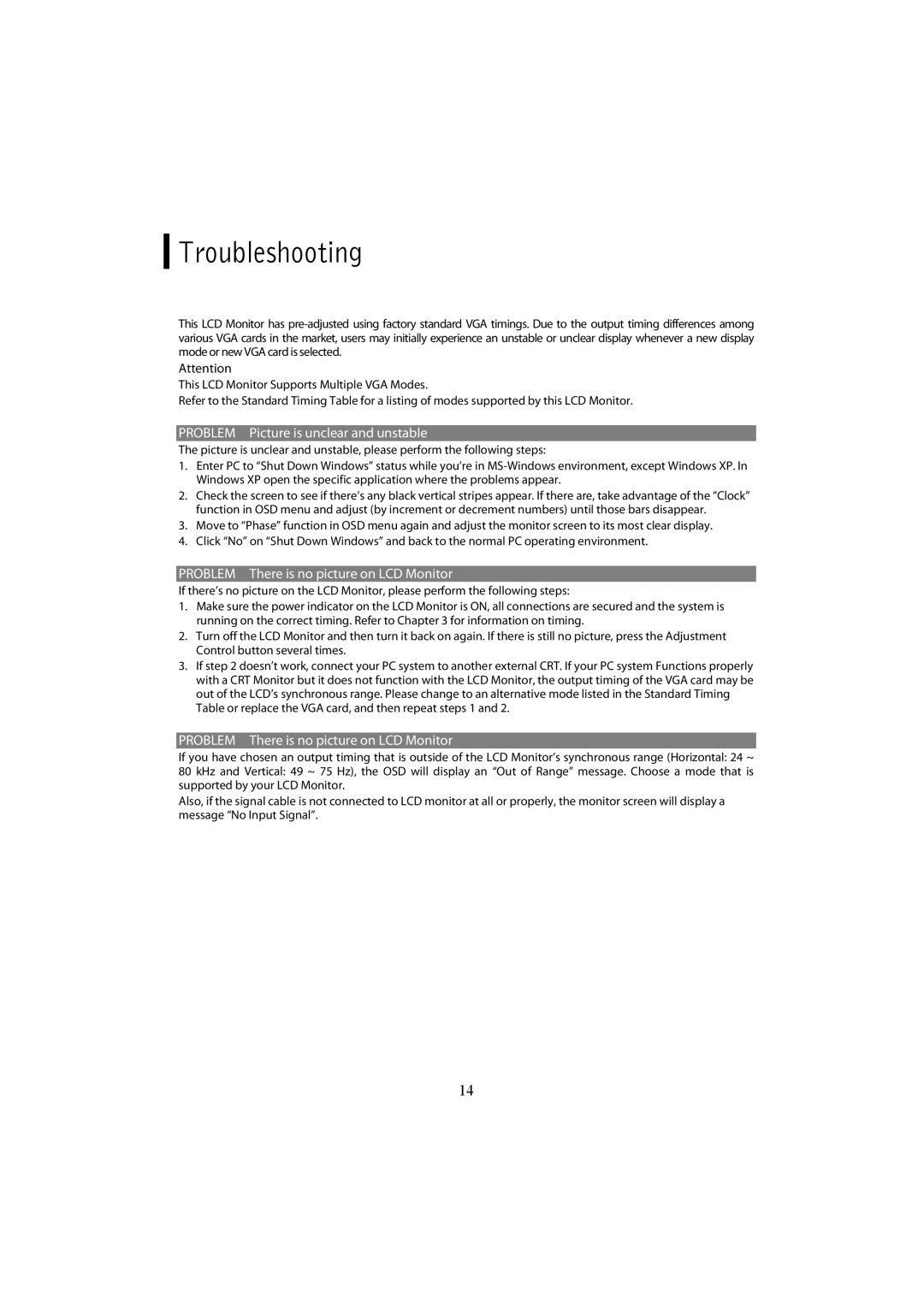 Planar PL1700M manual Troubleshooting, Problem Picture is unclear and unstable 