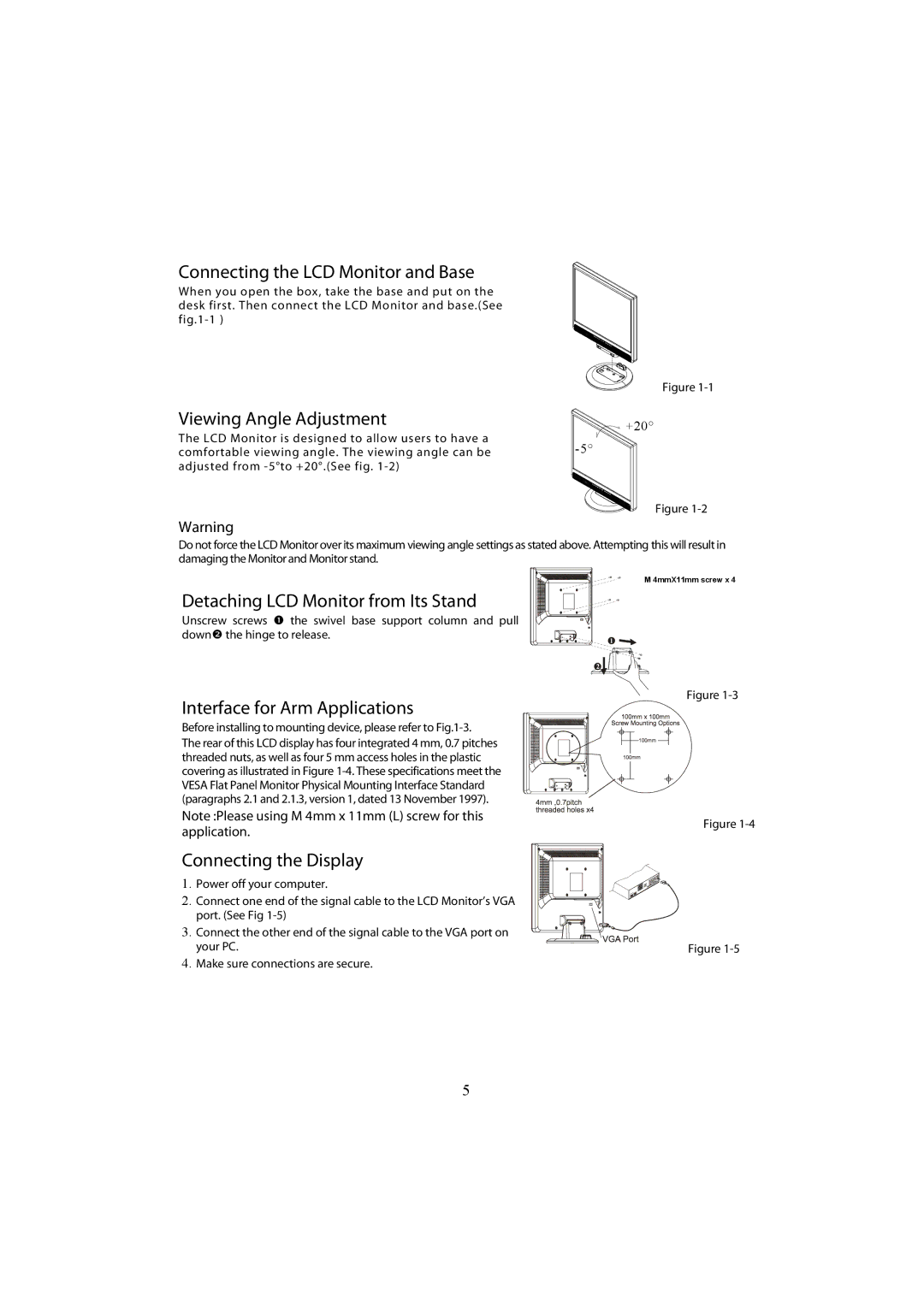 Planar PL1700M manual Connecting the LCD Monitor and Base, Viewing Angle Adjustment, Detaching LCD Monitor from Its Stand 