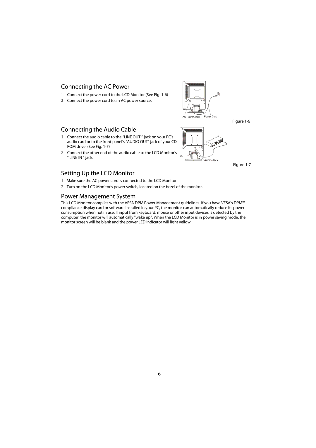 Planar PL1700 Connecting the AC Power, Connecting the Audio Cable, Setting Up the LCD Monitor, Power Management System 