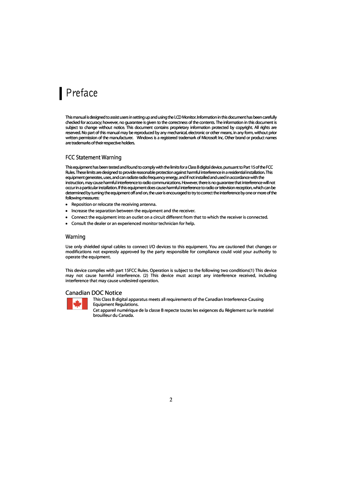 Planar PL1700M manual Preface, FCC Statement Warning, Canadian DOC Notice 