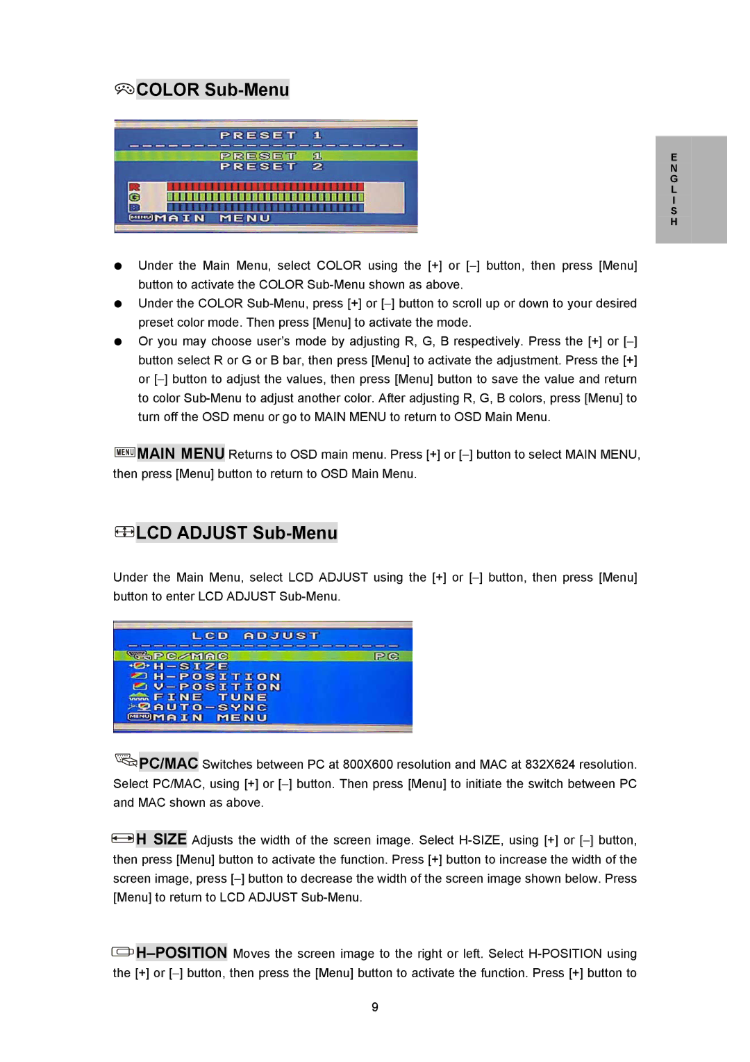 Planar PL170M manual Color Sub-Menu, LCD Adjust Sub-Menu 