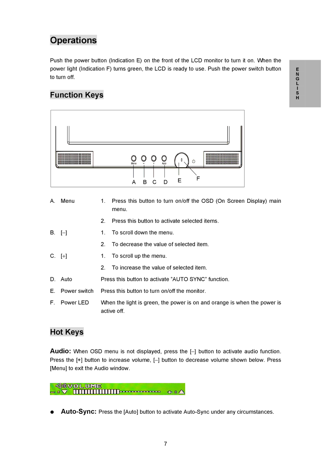 Planar PL170M manual Operations, Function Keys, Hot Keys 