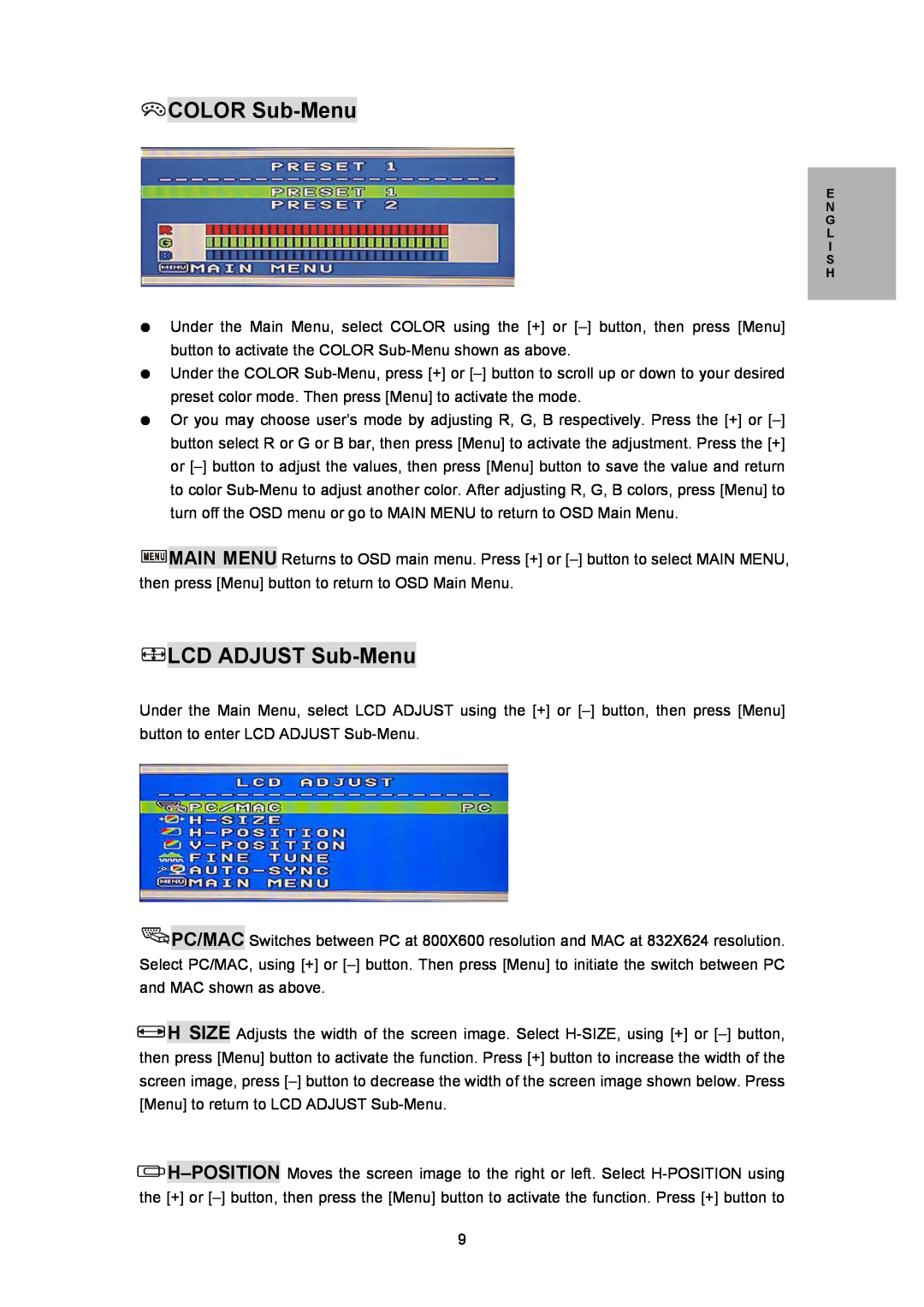 Planar PL170M manual COLOR Sub-Menu, LCD ADJUST Sub-Menu 