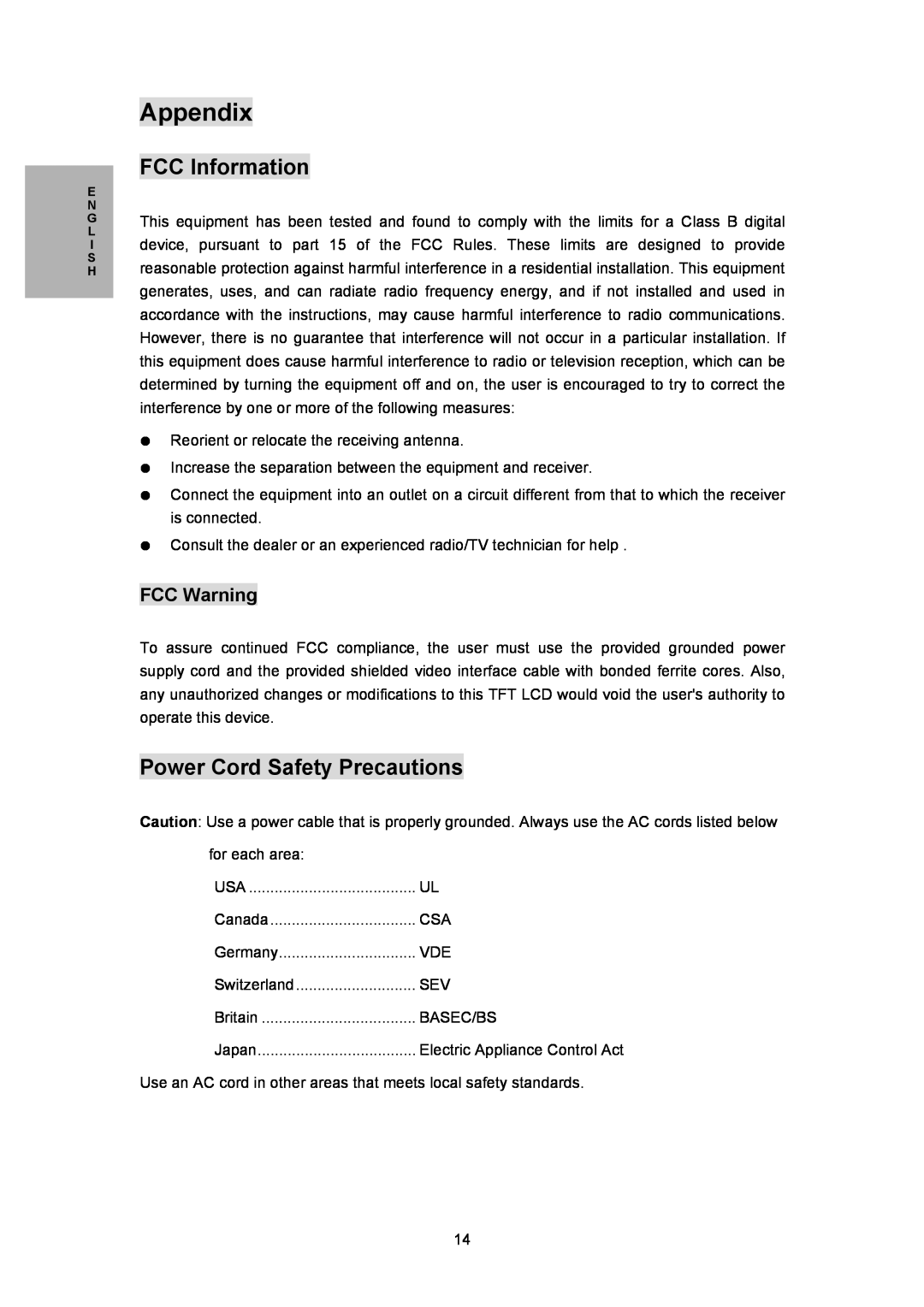 Planar PL170M manual Appendix, FCC Information, Power Cord Safety Precautions, FCC Warning 