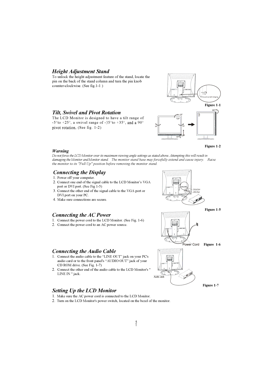 Planar PL1711M Height Adjustment Stand, Tilt, Swivel and Pivot Rotation, Connecting the Display, Connecting the AC Power 