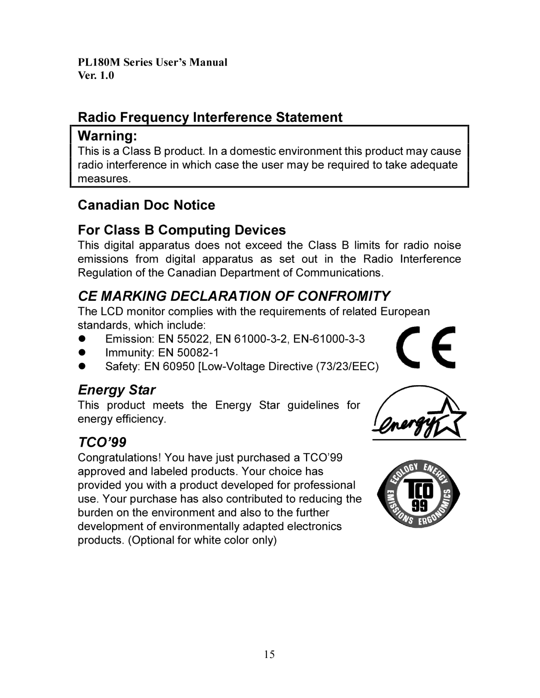 Planar PL180M manual 5DGLRUHTXHQF\,QWHUIHUHQFH6WDWHPHQW Duqlqj, DQDGLDQRF1RWLFH RU&ODVV%&RPSXWLQJHYLFHV 