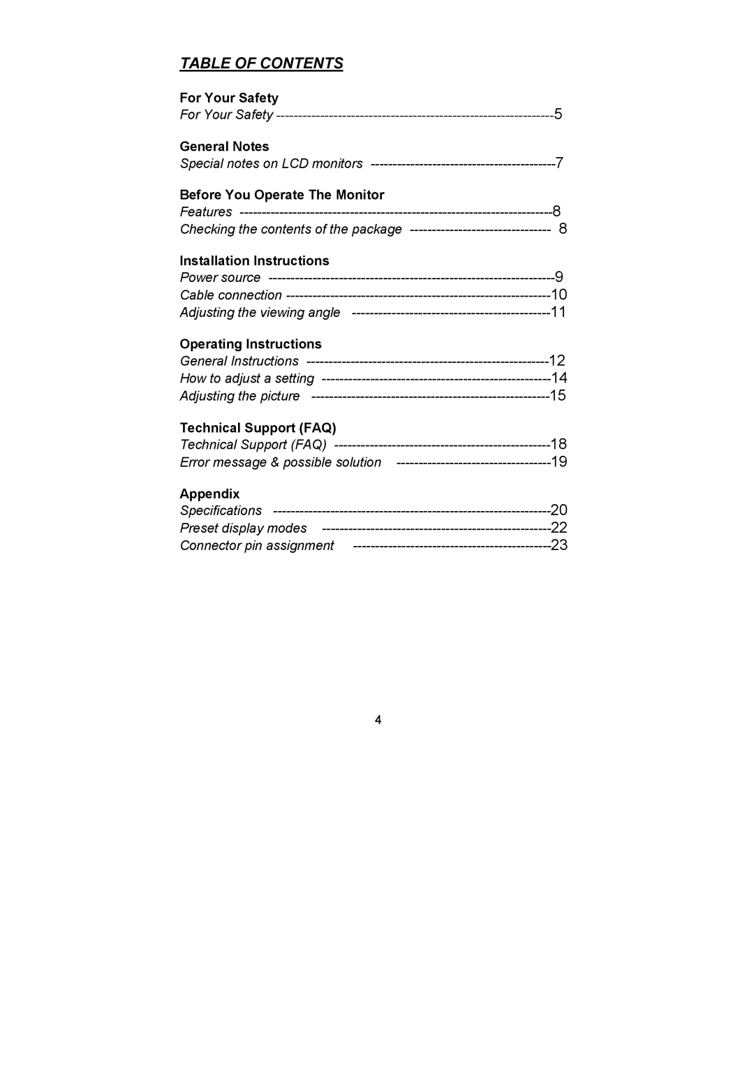 Planar PL1900 manual Table of Contents 