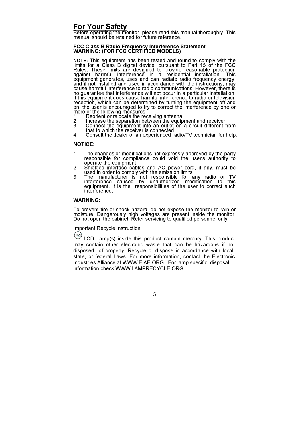 Planar PL1900 manual For Your Safety, FCC Class B Radio Frequency Interference Statement 