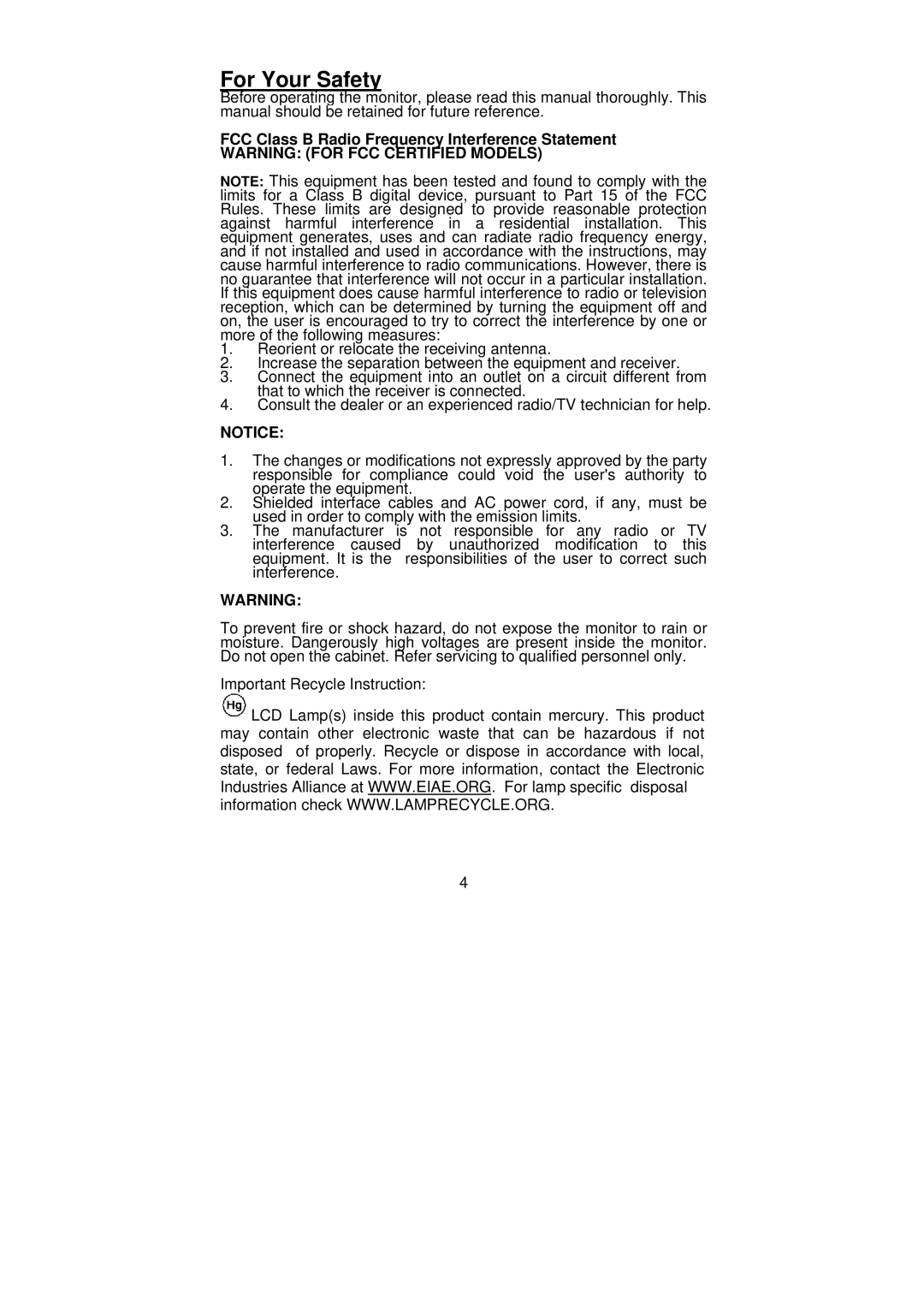 Planar PL1900 manual For Your Safety, FCC Class B Radio Frequency Interference Statement 