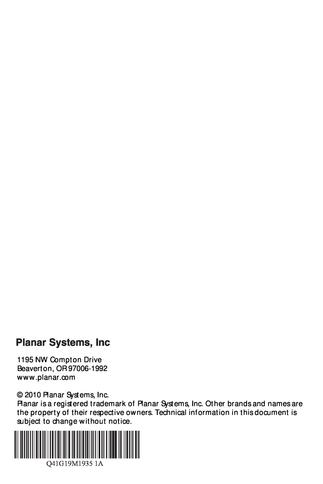Planar PL1900 manual Planar Systems, Inc, Q41G19M1935 1A 