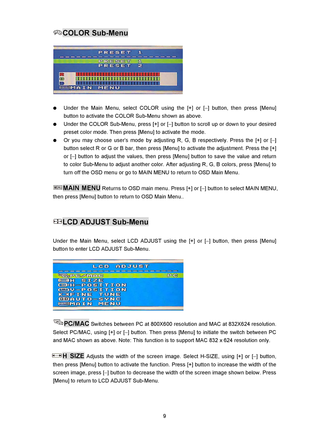 Planar PL190M manual Color Sub-Menu, LCD Adjust Sub-Menu 