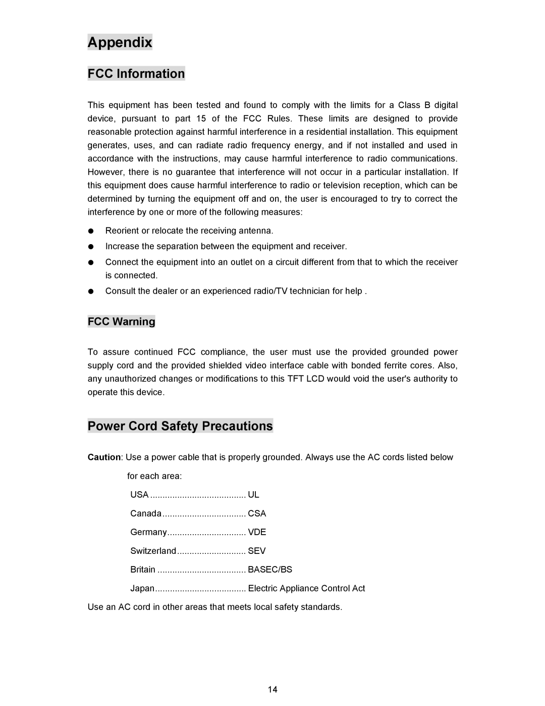 Planar PL190M manual Appendix, FCC Information, Power Cord Safety Precautions 