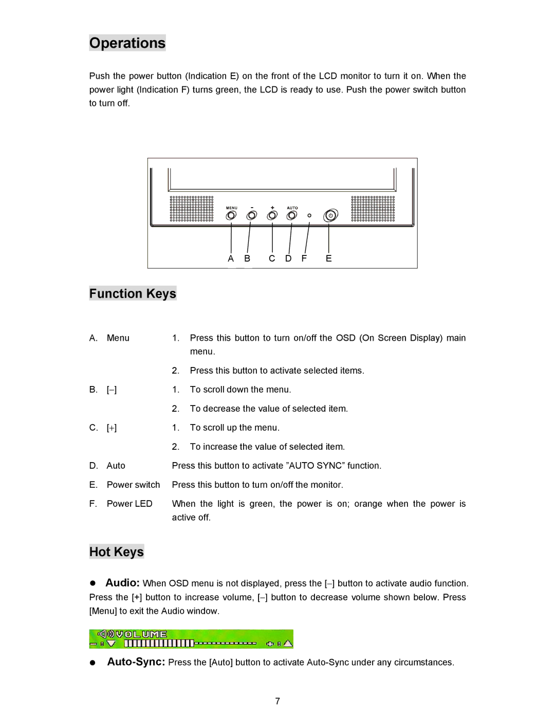 Planar PL190M manual Operations, Function Keys, Hot Keys 