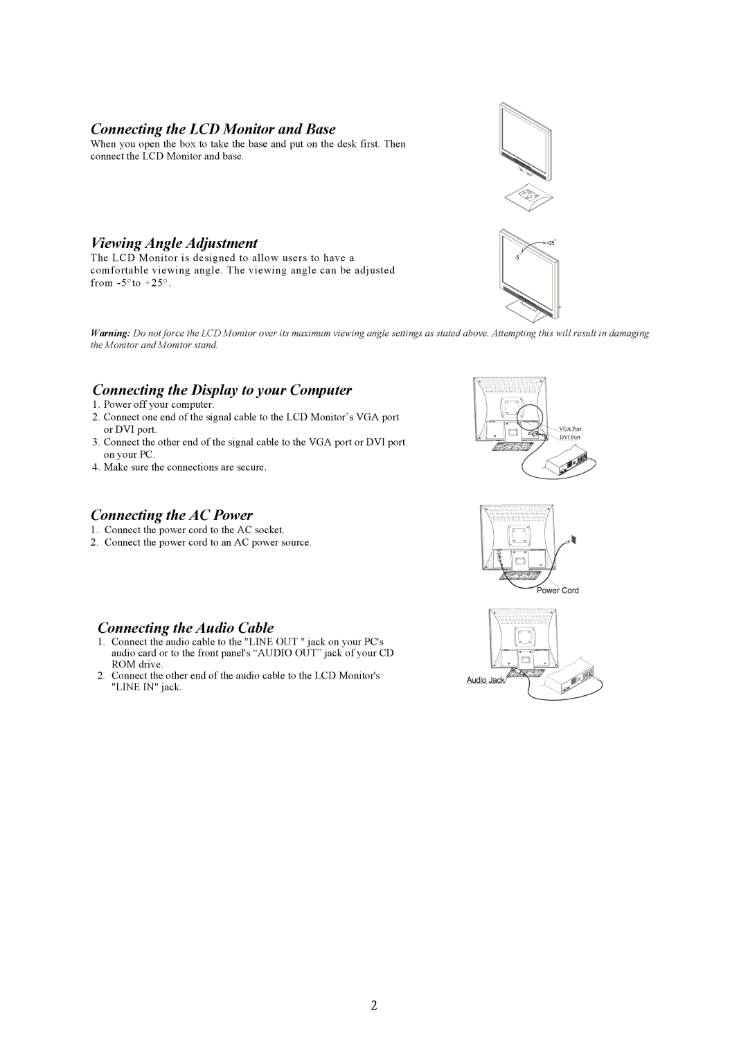 Planar PL1910 M Connecting the LCD Monitor and Base, Viewing Angle Adjustment, Connecting the Display to your Computer 