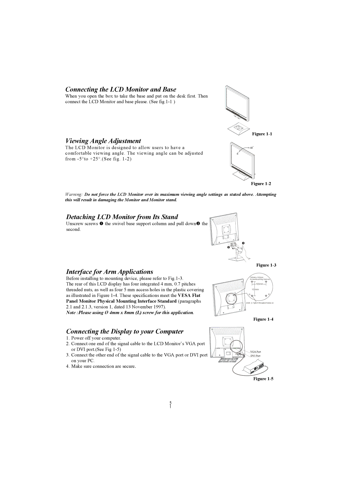 Planar PL1910M manual Connecting the LCD Monitor and Base, Viewing Angle Adjustment, Detaching LCD Monitor from Its Stand 