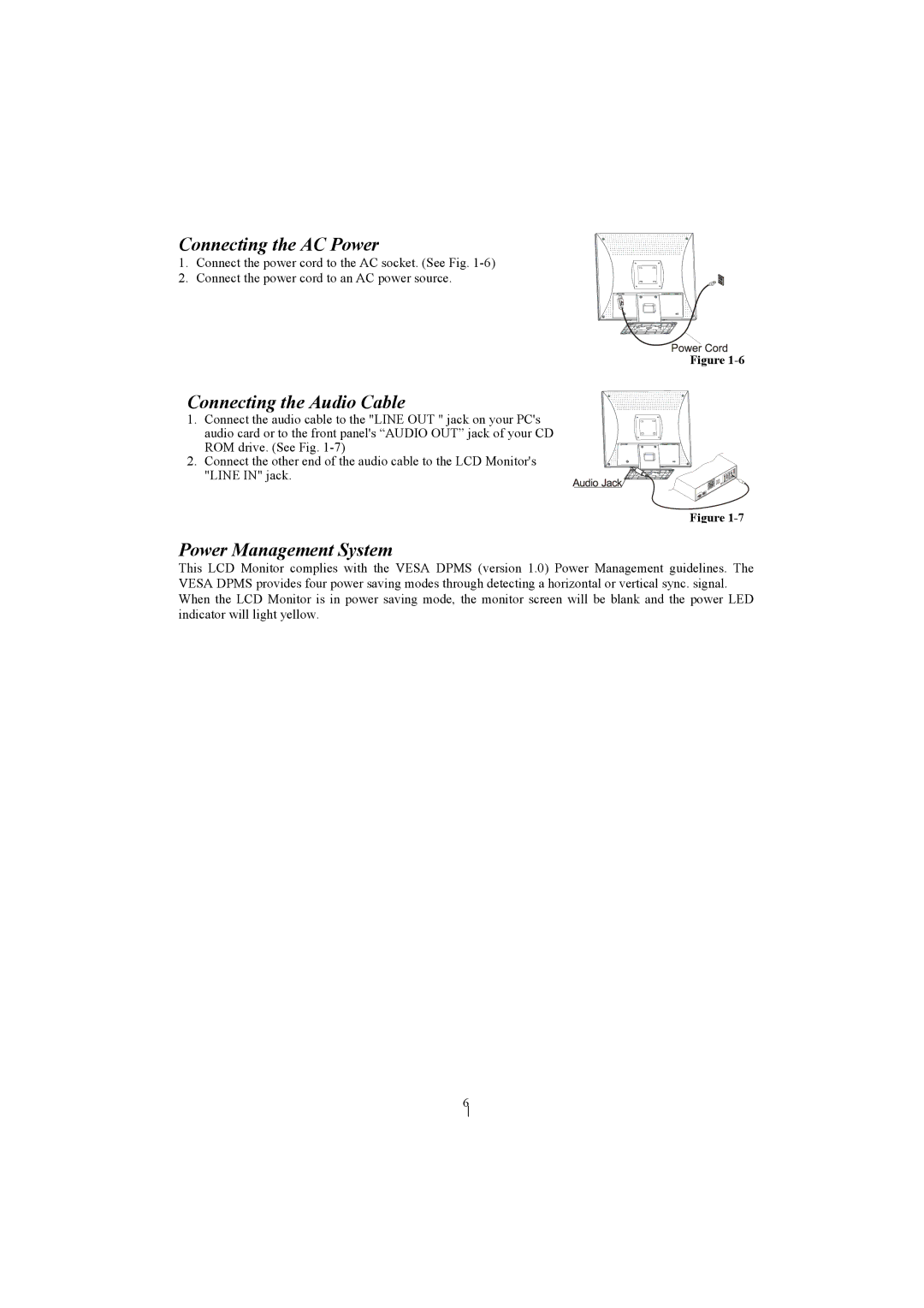 Planar PL1910M manual Connecting the AC Power, Connecting the Audio Cable, Power Management System 