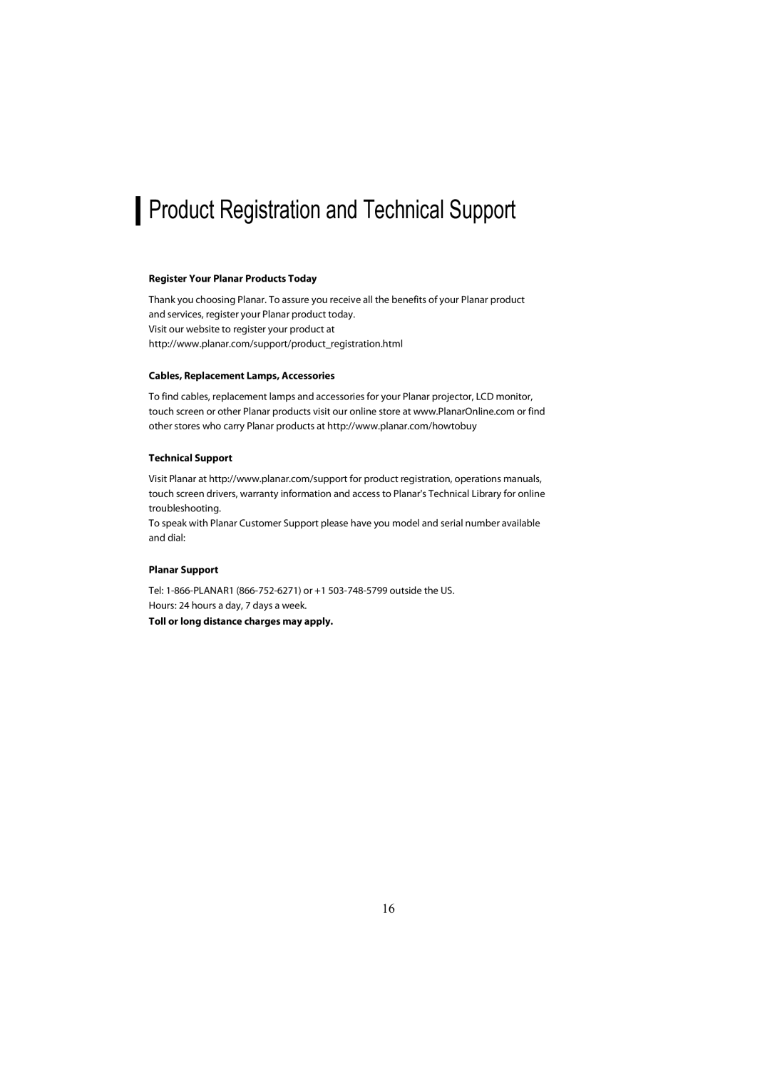 Planar PL1910MW manual Product Registration and Technical Support, Register Your Planar Products Today, Planar Support 