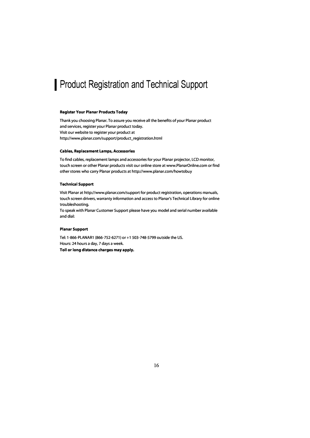 Planar PL1910MW manual Product Registration and Technical Support, Register Your Planar Products Today, Planar Support 