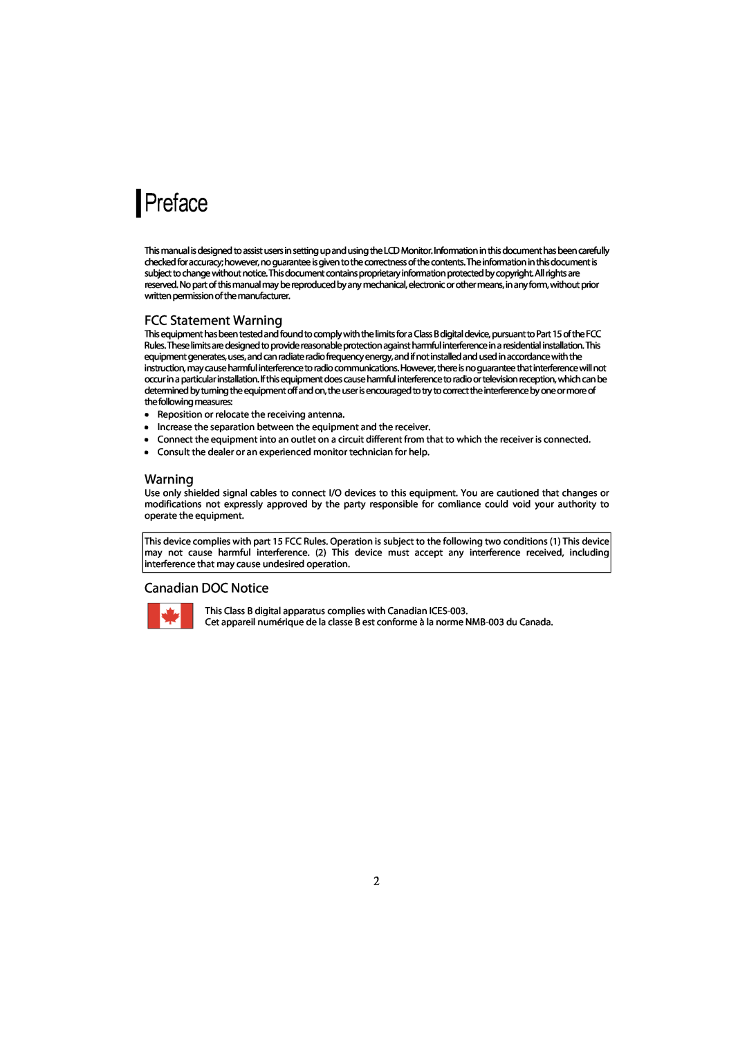 Planar PL1910MW manual Preface, FCC Statement Warning, Canadian DOC Notice 