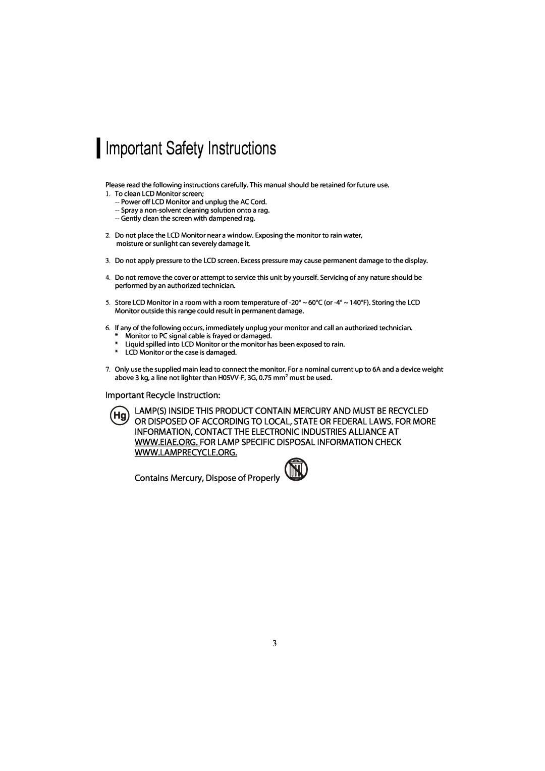 Planar PL1910MW manual Important Safety Instructions, Important Recycle Instruction, Contains Mercury, Dispose of Properly 