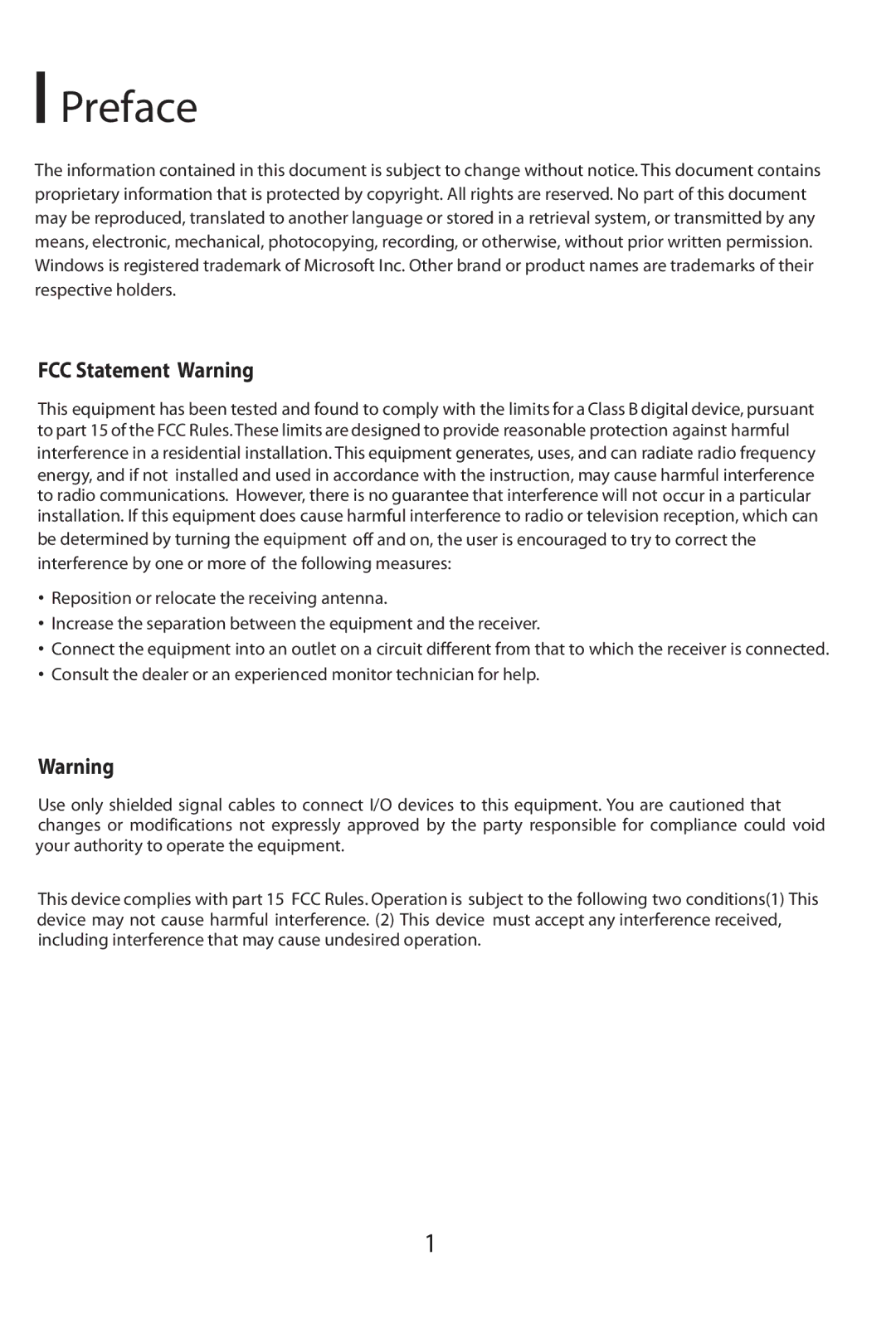 Planar PL1910W manual Preface, FCC Statement Warning 