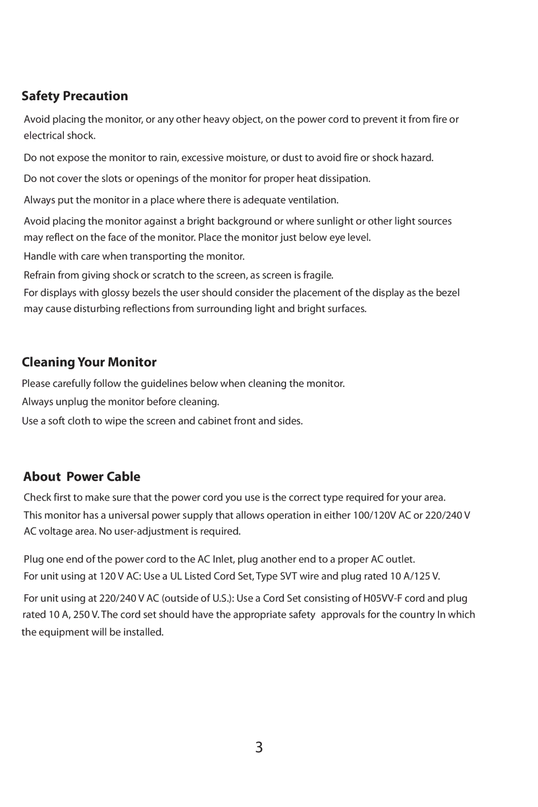 Planar PL1910W manual Safety Precaution, Cleaning Your Monitor, About Power Cable 