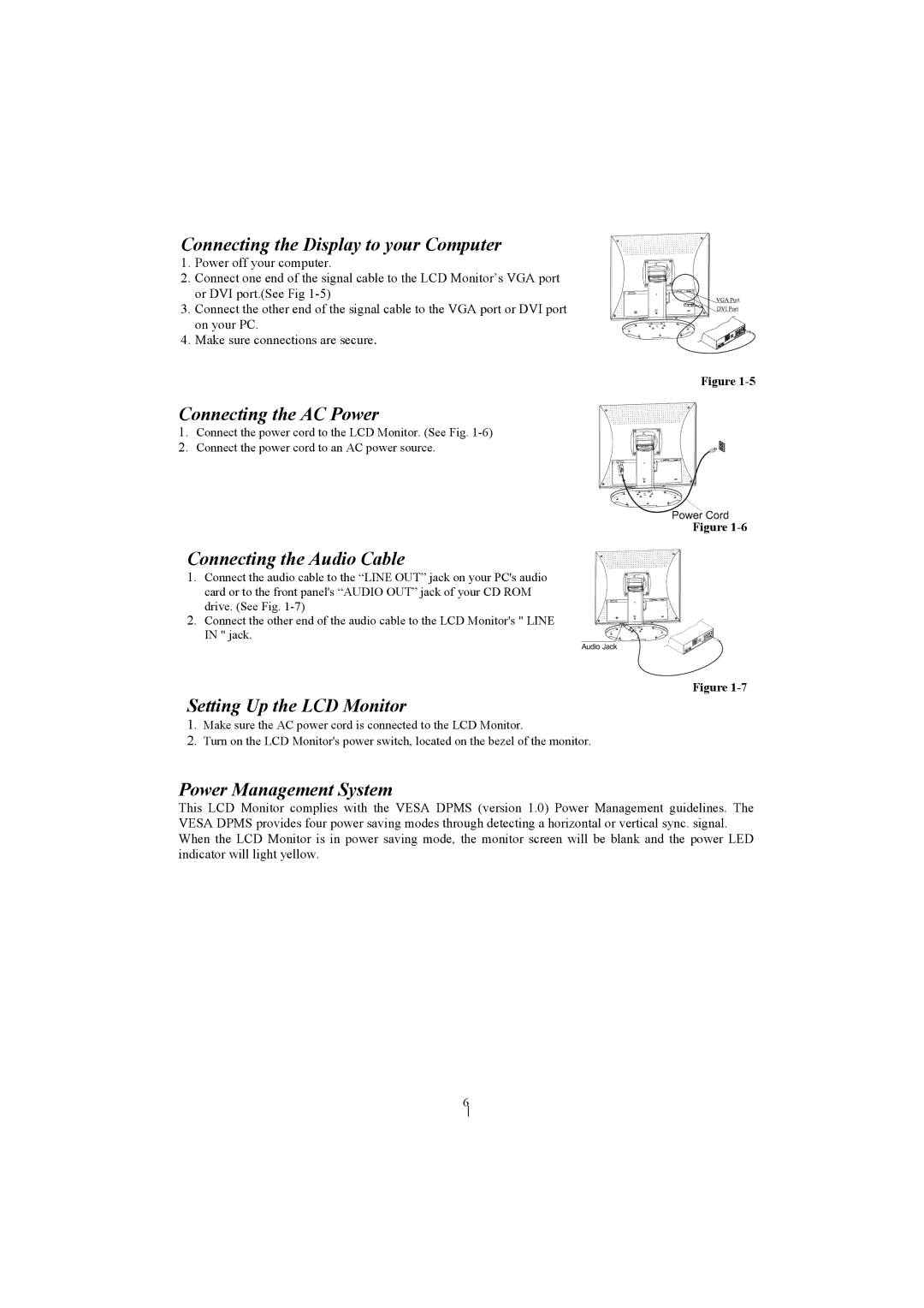 Planar PL1911M manual Connecting the Display to your Computer, Connecting the AC Power, Connecting the Audio Cable 