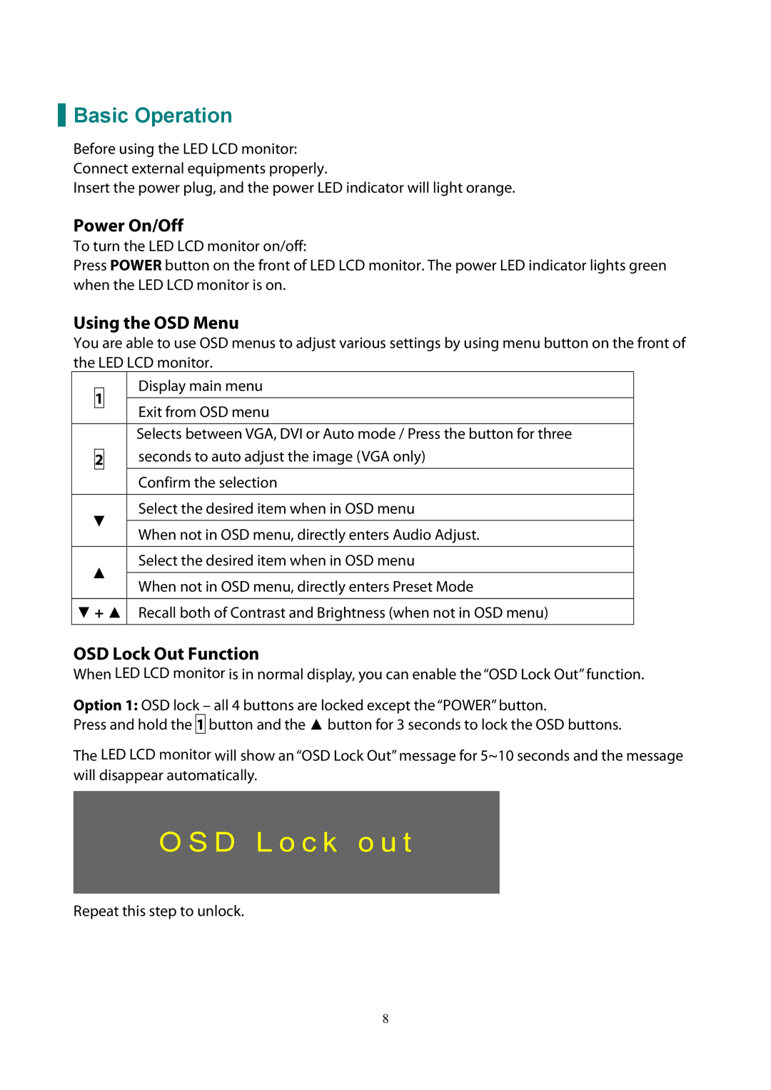 Planar PL1911M manual Basic Operation, Power On/Off, Using the OSD Menu, OSD Lock Out Function 