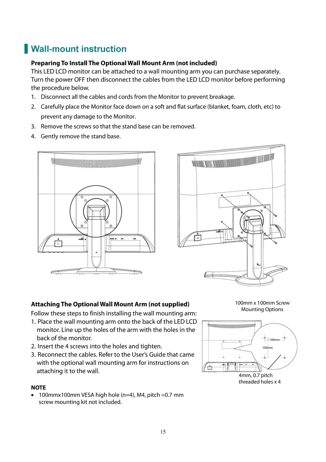 Planar PL1911M manual Wall-mount instruction, Attaching The Optional Wall Mount Arm not supplied 