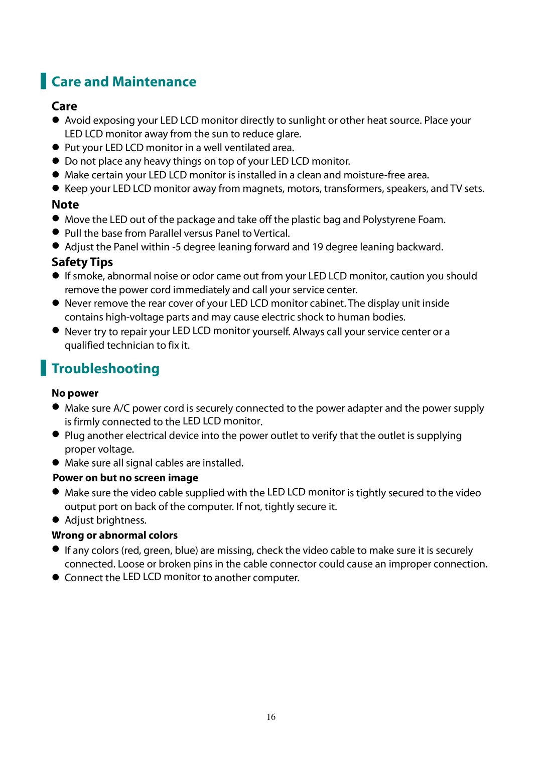 Planar PL1911M manual Care and Maintenance, Troubleshooting, Safety Tips 