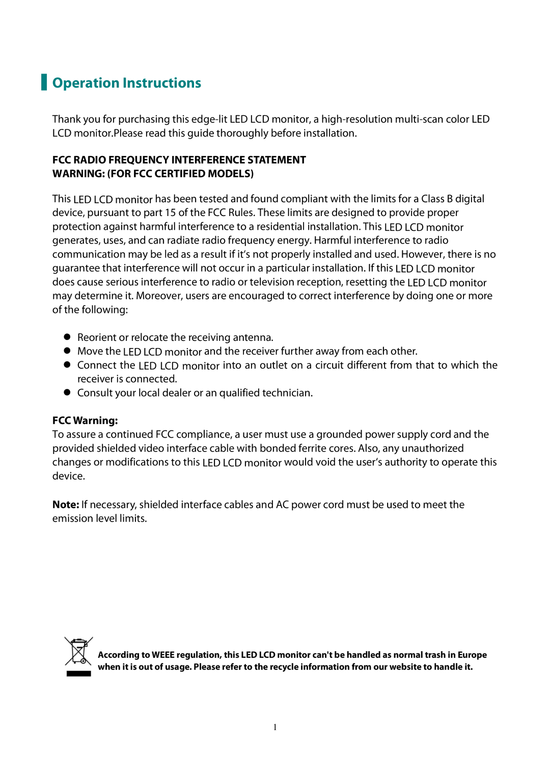 Planar PL1911M manual Operation Instructions, FCC Warning 