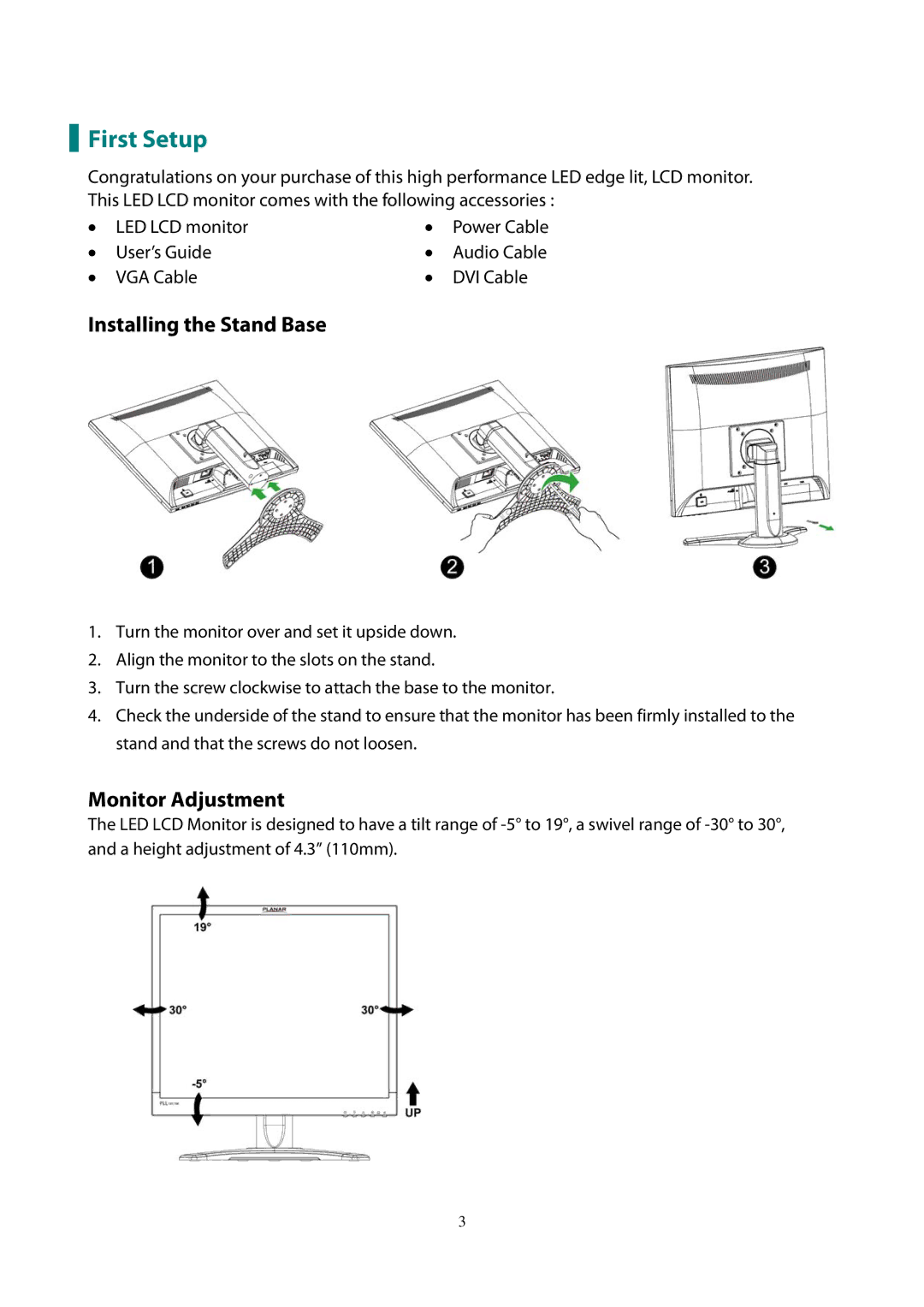 Planar PL1911M manual First Setup, Installing the Stand Base, Monitor Adjustment 