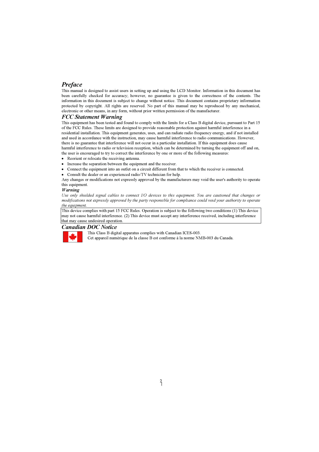 Planar PL1911M manual Preface, FCC Statement Warning, Canadian DOC Notice 