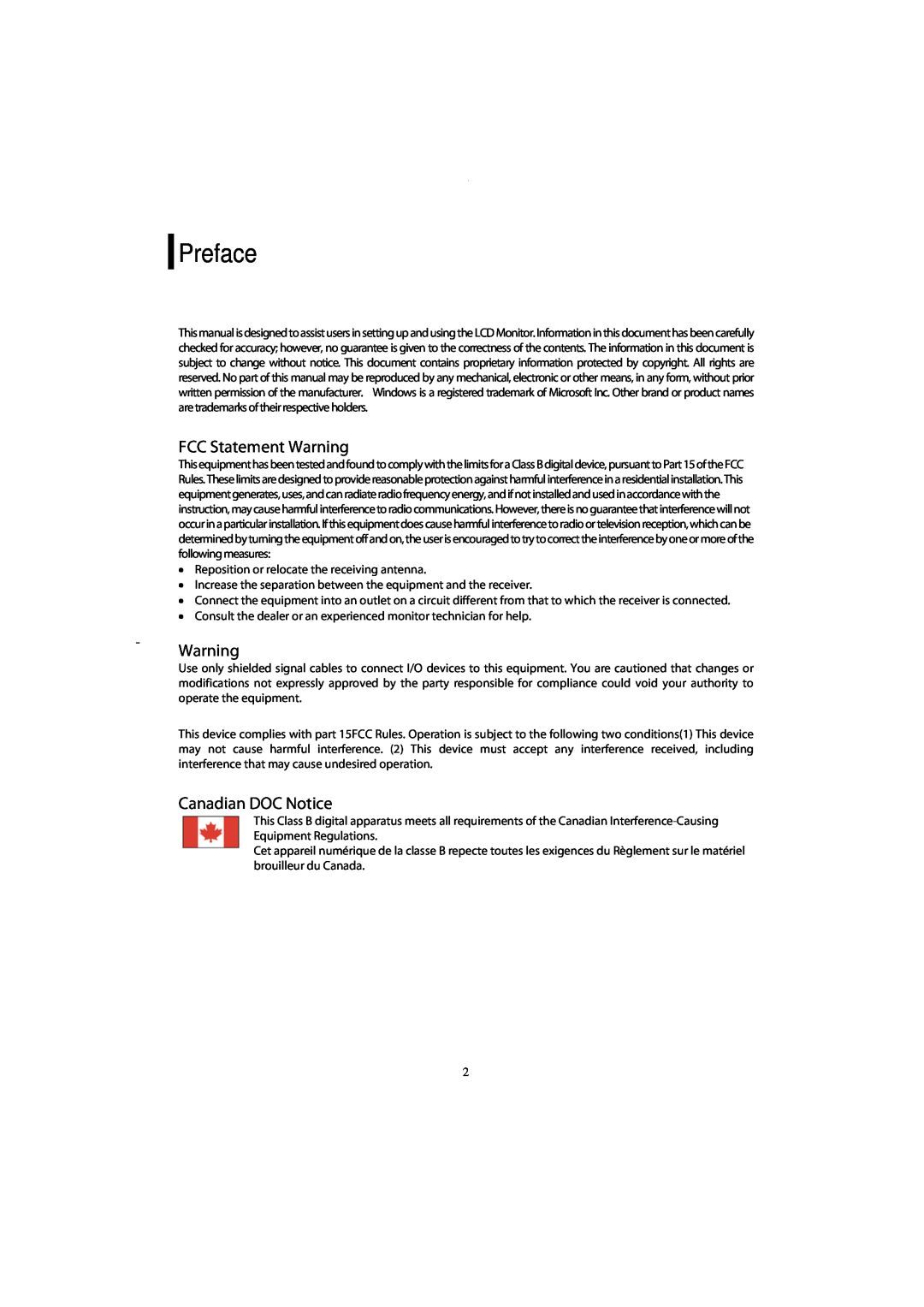 Planar PL1911M manual Preface, FCC Statement Warning, Canadian DOC Notice 