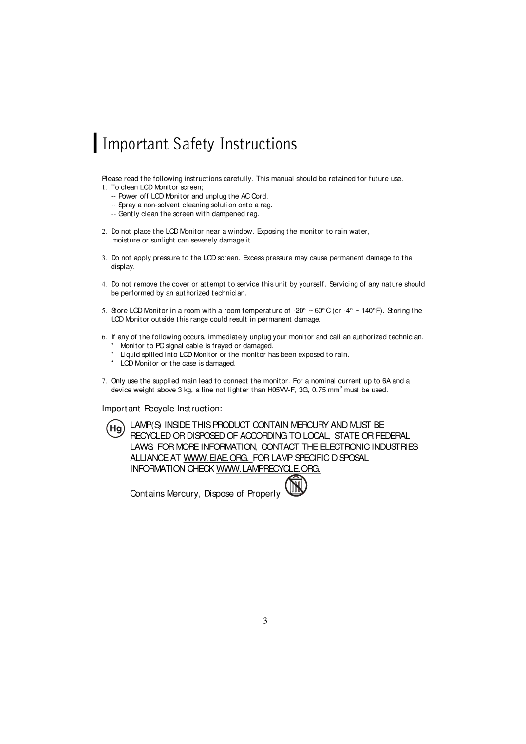 Planar PL1911MW manual Important Safety Instructions 