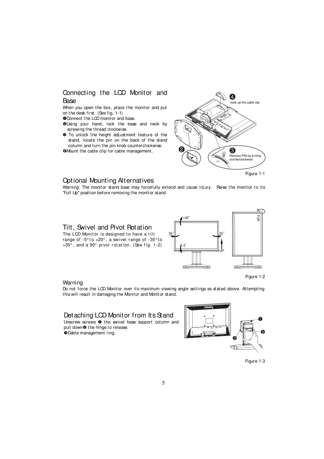 Planar PL1911MW manual Connecting the LCD Monitor Base, Optional Mounting Alternatives, Tilt, Swivel and Pivot Rotation 