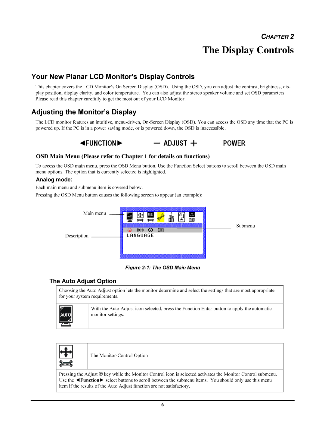 Planar pl191m Display Controls, RXU1HZ3ODQDU/&0RQLWRU¶VLVSOD\&RQWUROV, $GMXVWLQJWKH0RQLWRU¶VLVSOD, 7KH$XWR$GMXVW2SWLRQ 