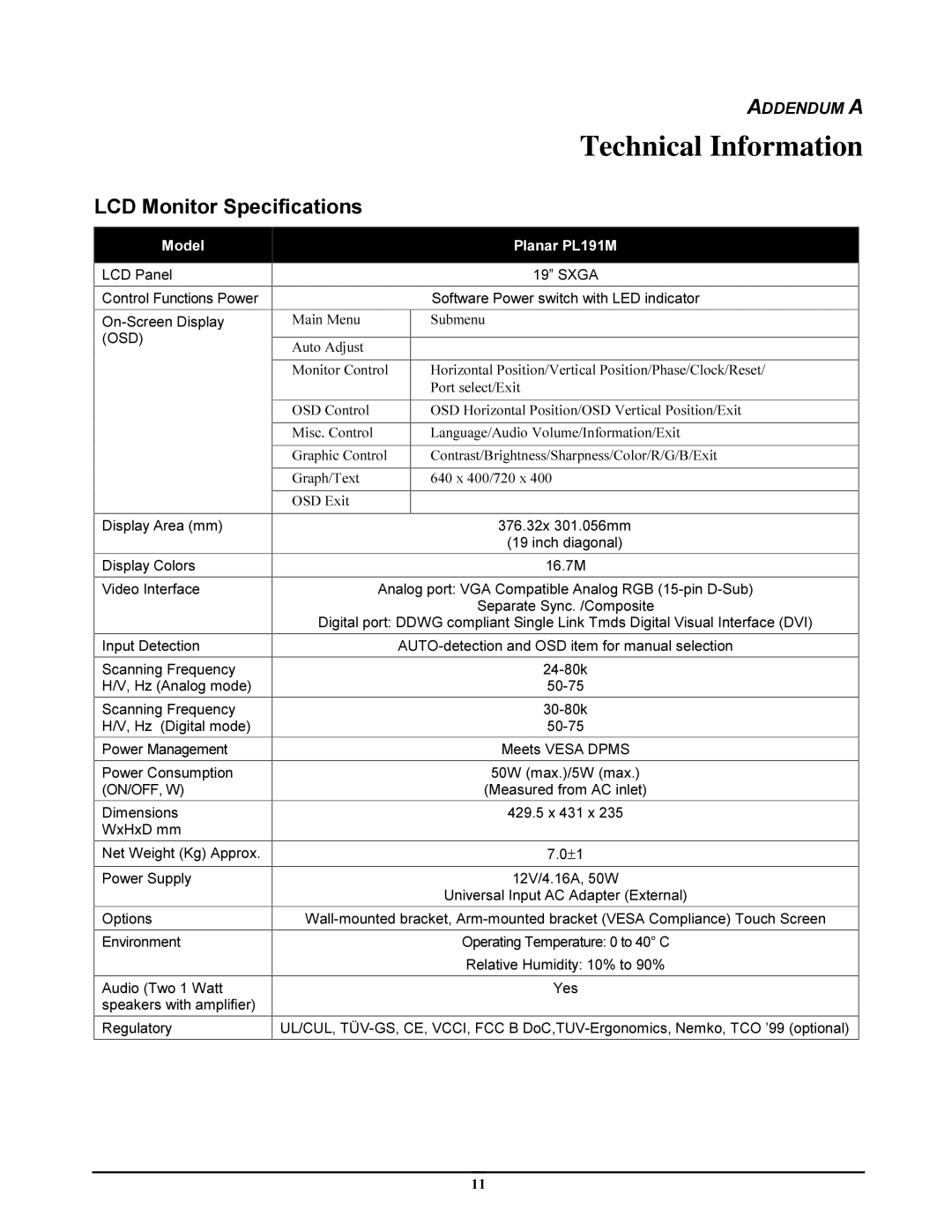 Planar pl191m manual Technical Information, 0RQLWRU6SHFLILFDWLRQV 