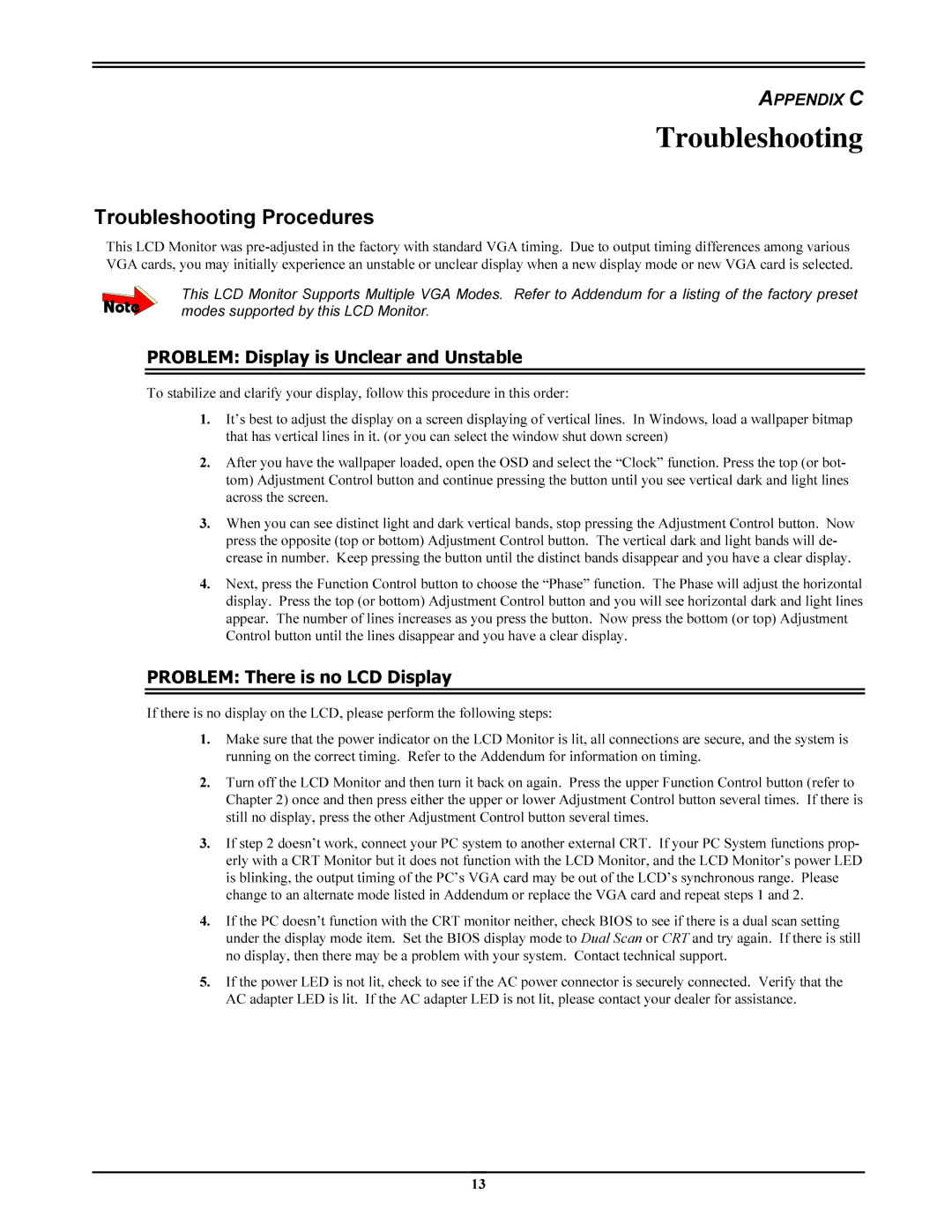 Planar pl191m manual Troubleshooting, 7URXEOHVKRRWLQJ3URFHGXUHV, 352%/0LVSOD\LV8QFOHDUDQG8QVWDEOH 