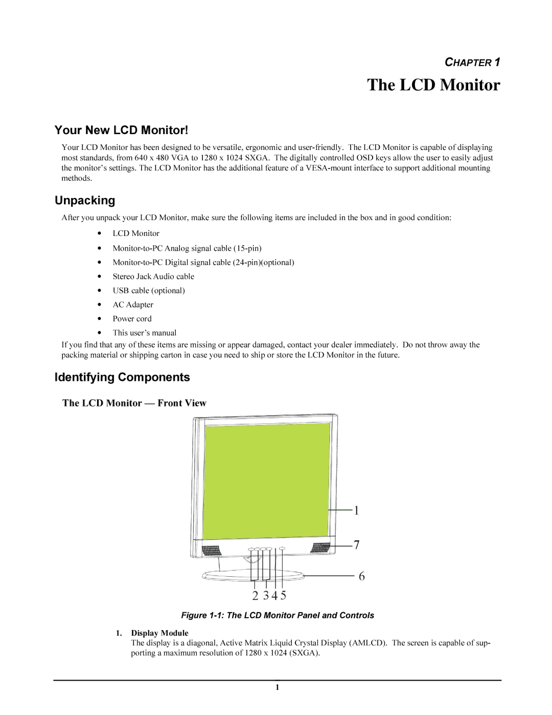 Planar pl191m manual LCD Monitor, 8QSDFNLQJ, Ghqwli\Lqj&Rpsrqhqwv, 7KH/&0RQLWRU²URQW9LHZ, 3RZHUFRUG 7KLVXVHU¶VPDQXDO 