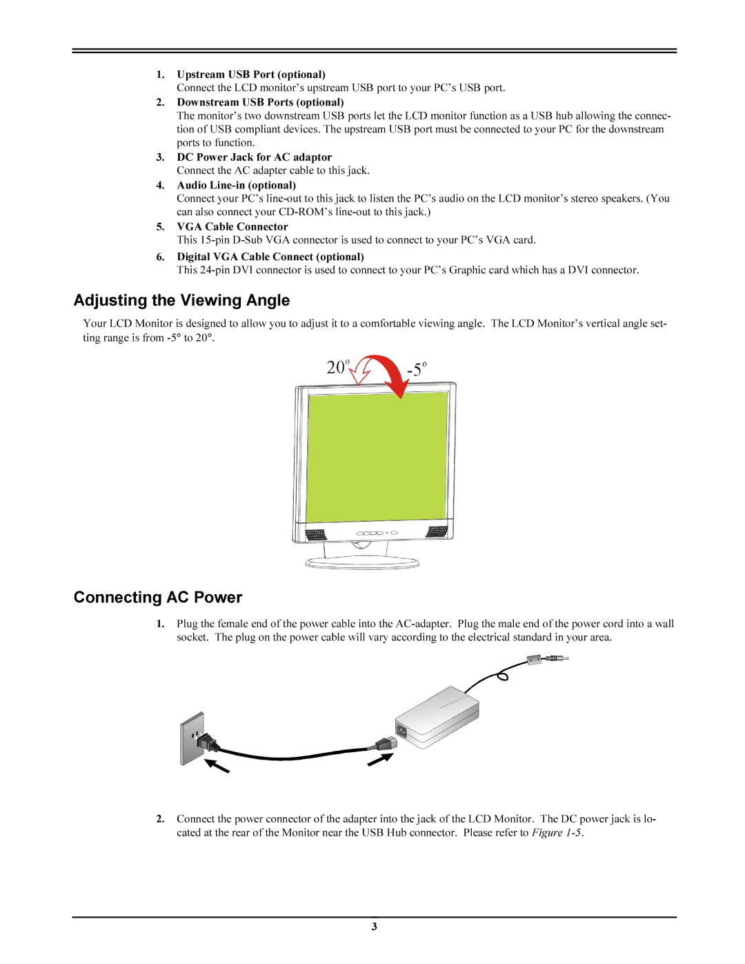 Planar pl191m manual $GMXVWLQJWKH9LHZLQJ$QJOH, RQQHFWLQJ$&3RZHU 