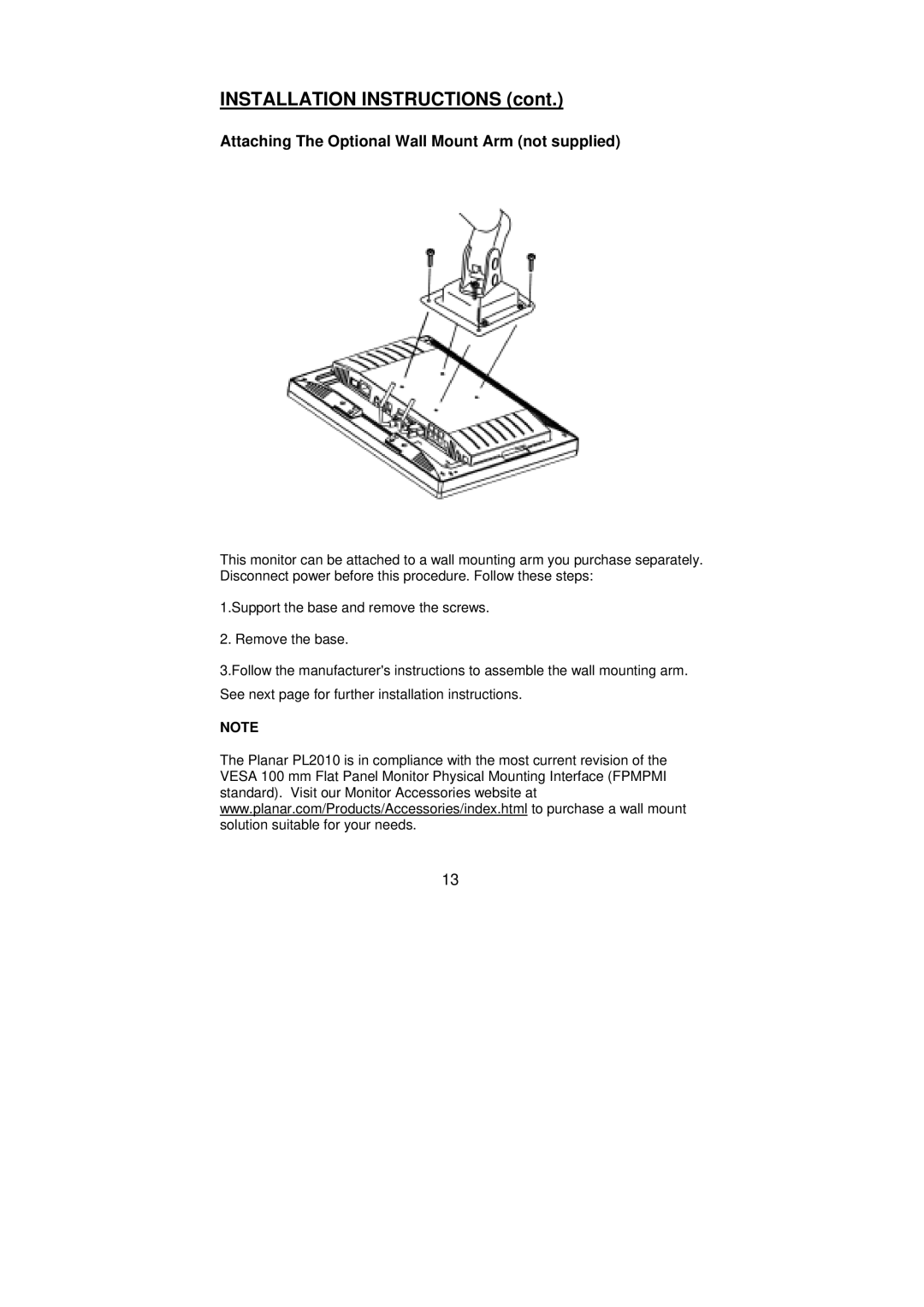 Planar PL2010 manual Attaching The Optional Wall Mount Arm not supplied 