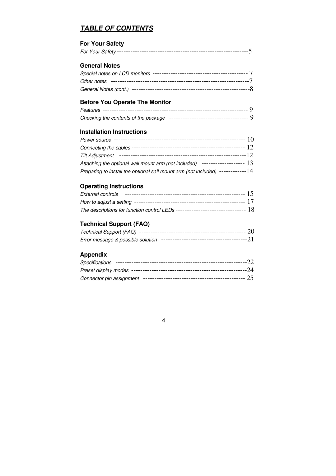 Planar PL2010 manual Table of Contents 