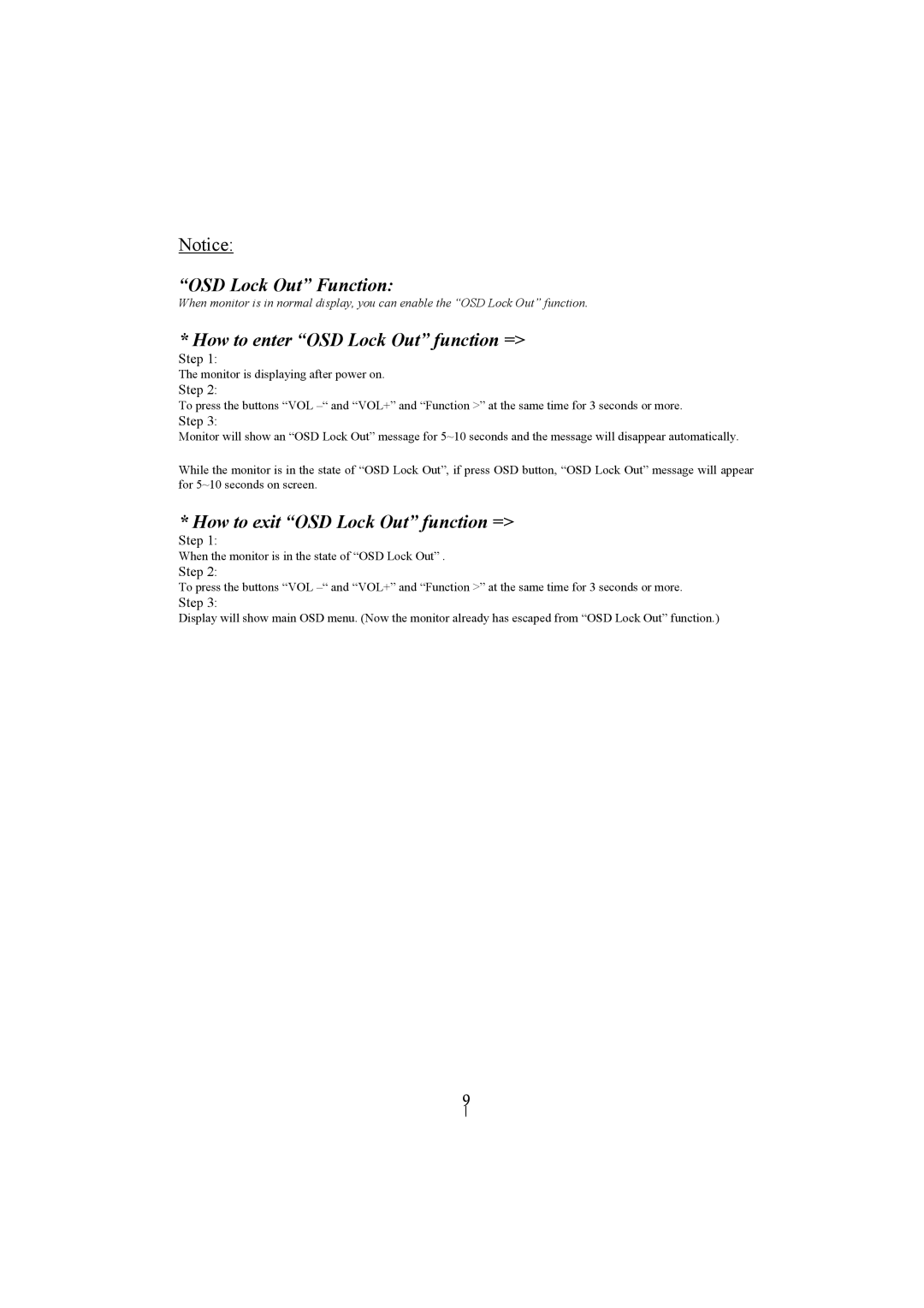 Planar PL2010M manual OSD Lock Out Function, How to enter OSD Lock Out function =, How to exit OSD Lock Out function = 