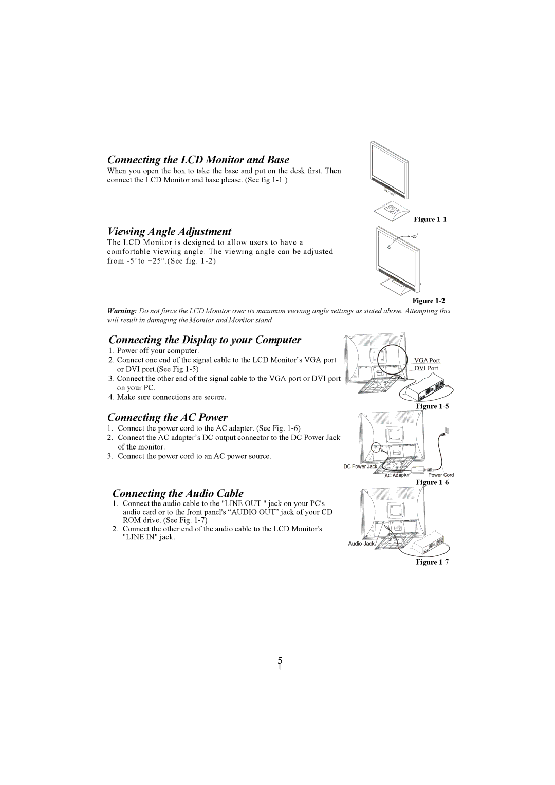 Planar PL2010M Connecting the LCD Monitor and Base, Viewing Angle Adjustment, Connecting the Display to your Computer 