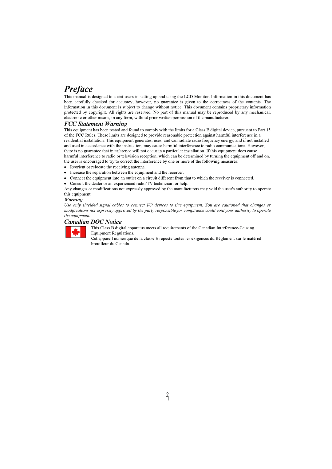 Planar PL2010M manual Preface, FCC Statement Warning, Canadian DOC Notice 