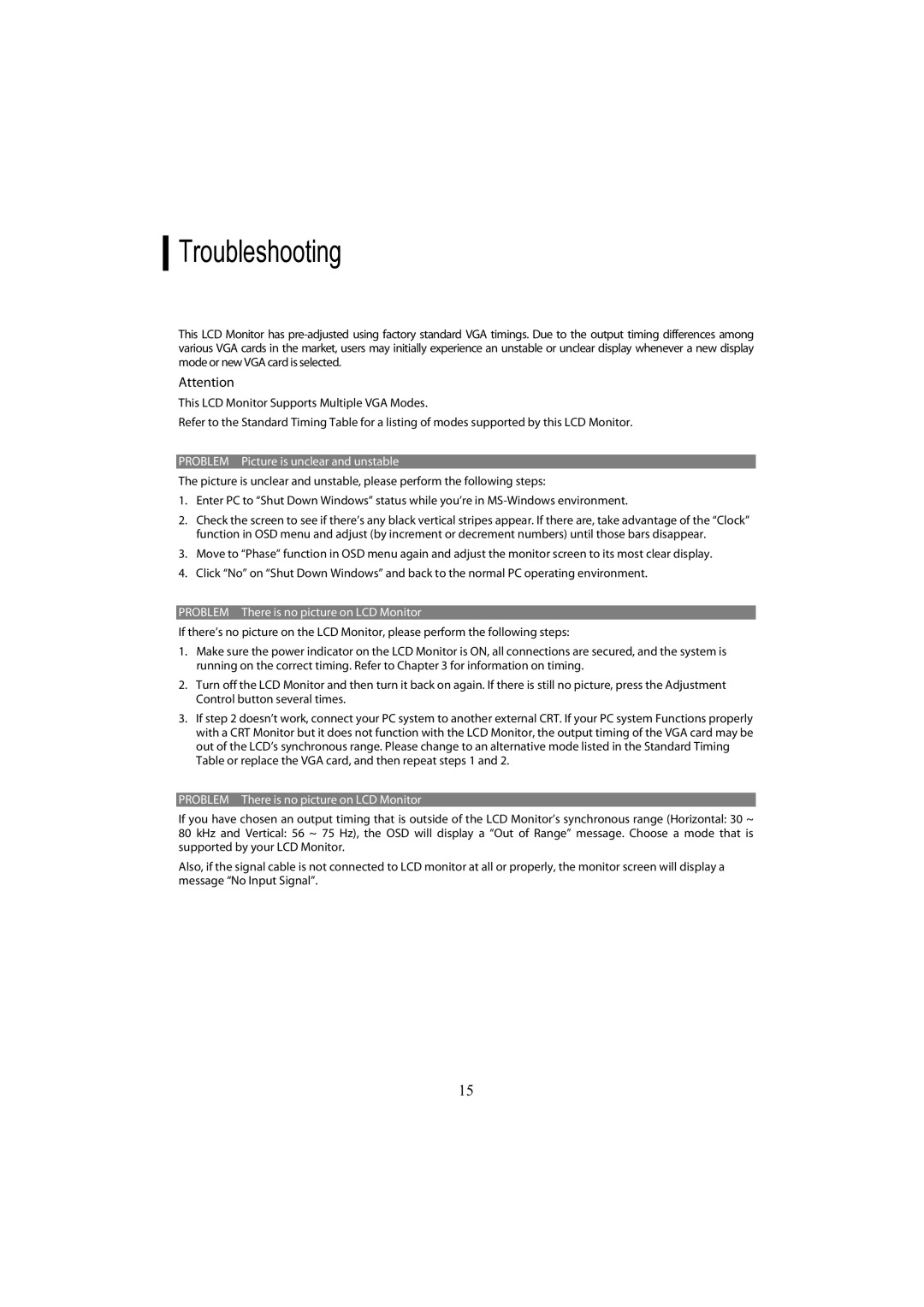 Planar PL2010MW manual Troubleshooting, Problem Picture is unclear and unstable 