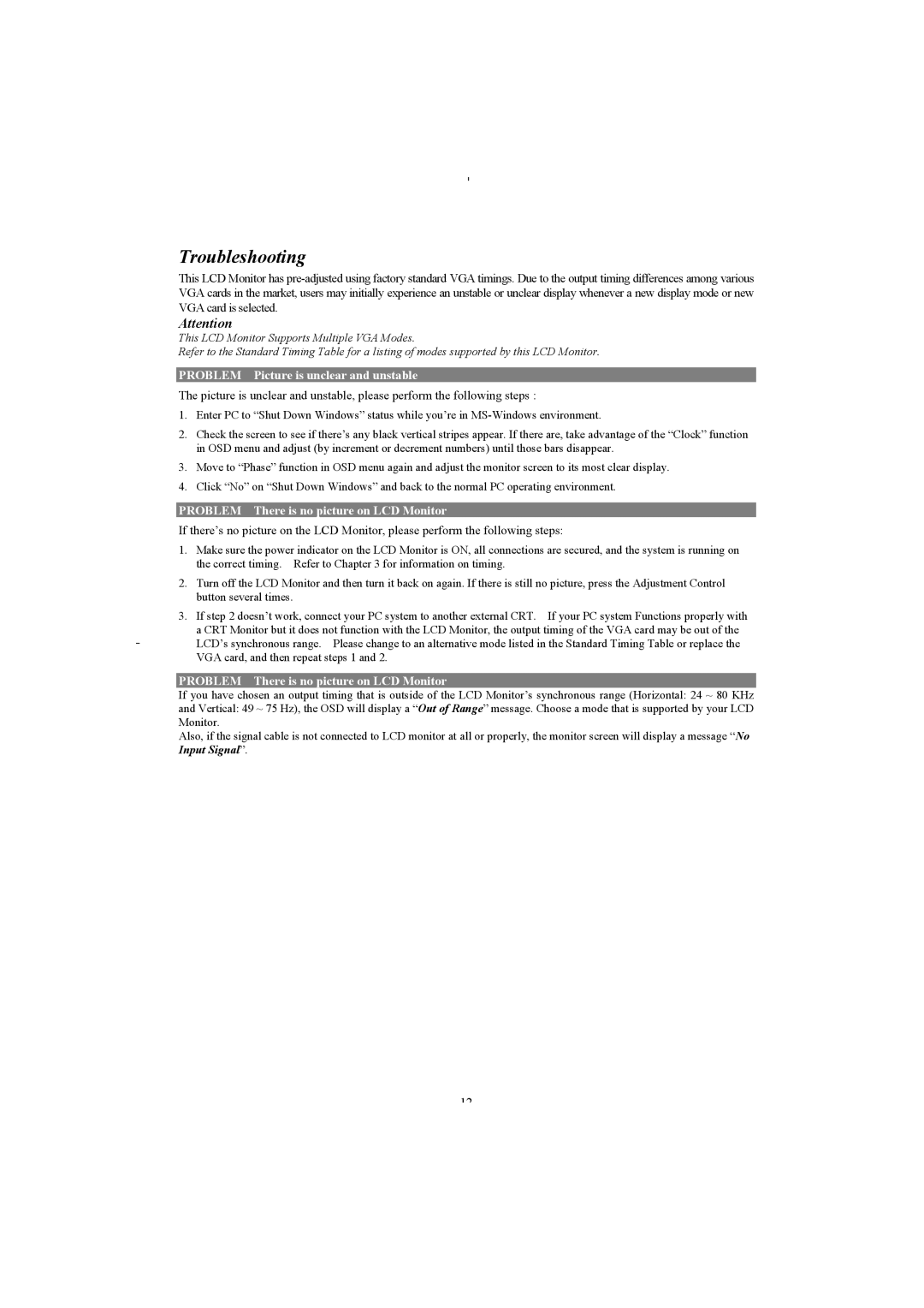 Planar PL2011 manual Troubleshooting, Problem Picture is unclear and unstable 