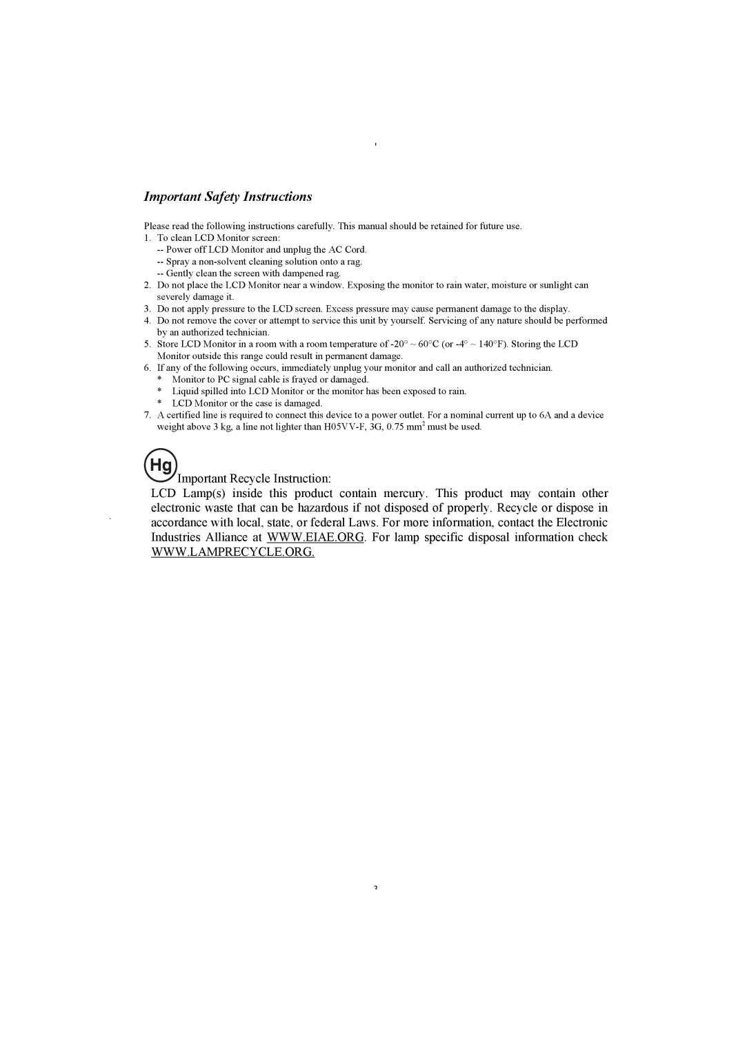 Planar PL2011 manual Important Safety Instructions 